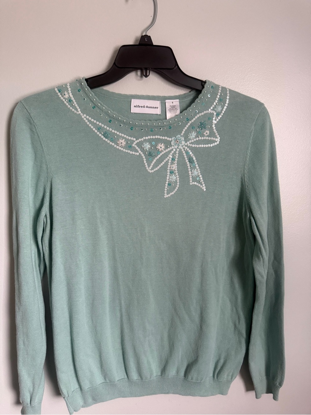 Alfred Dunner Mint Green Sequin Bow Crewneck Sweater size small